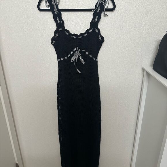 Lulus Agostina Black Knit Gingham Bow Midi Dress - Picture 6 of 9